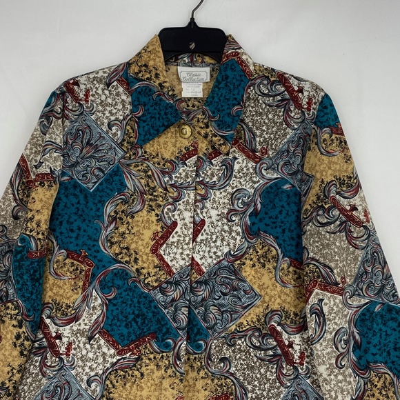 Classic Collection Womens Size 12 Vintage Button Up Blouse Teal Beige Red Print - Picture 3 of 9